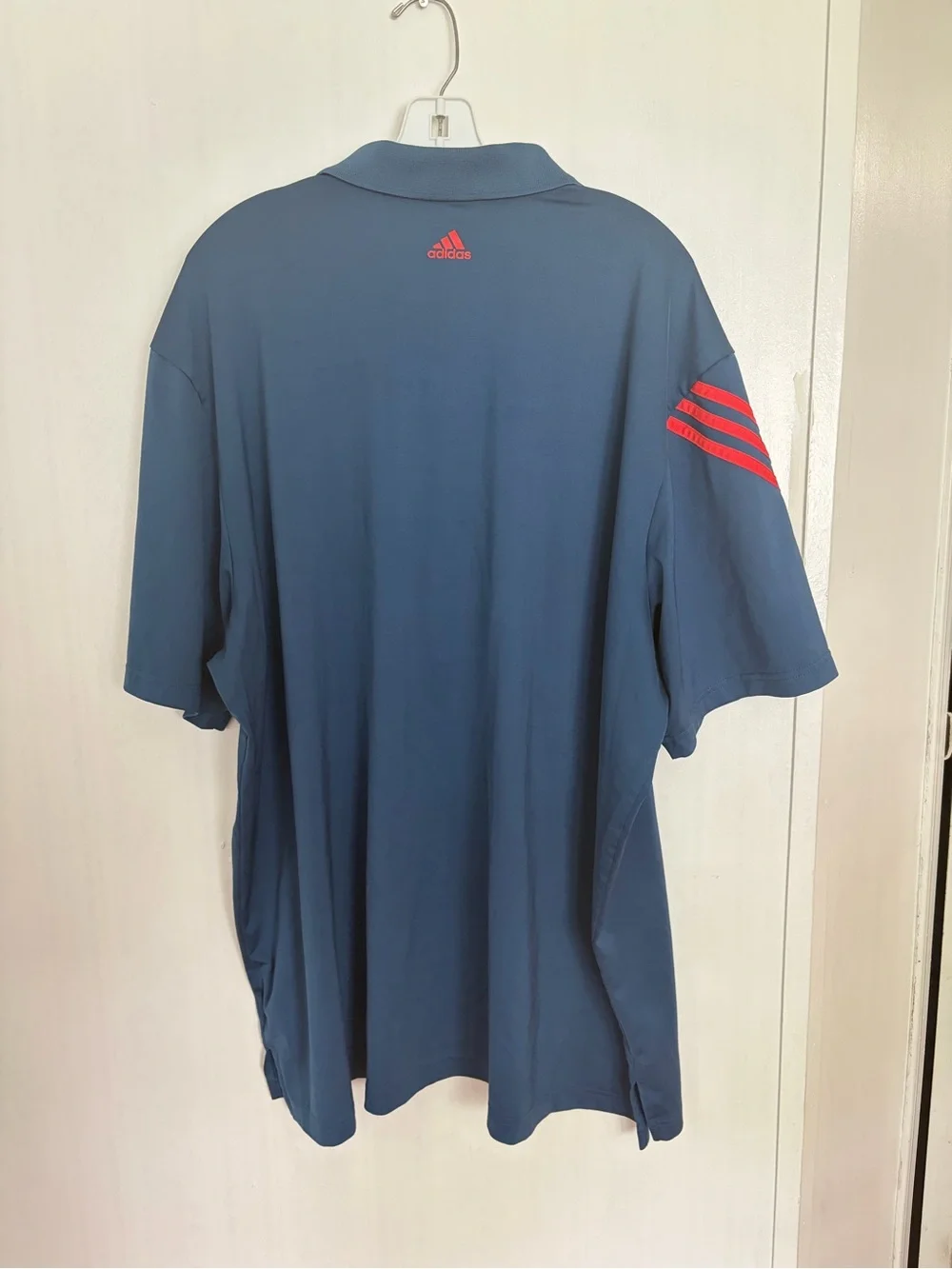 adidas Blue Polo Shirt with Red Sleeve Stripes